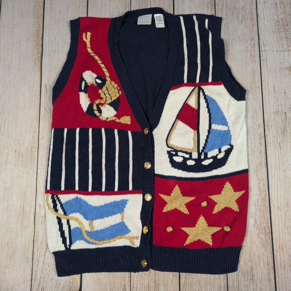 Laura Gayle Nautical patriotic Knit Sweater Vest Button‎ Up Novelty L